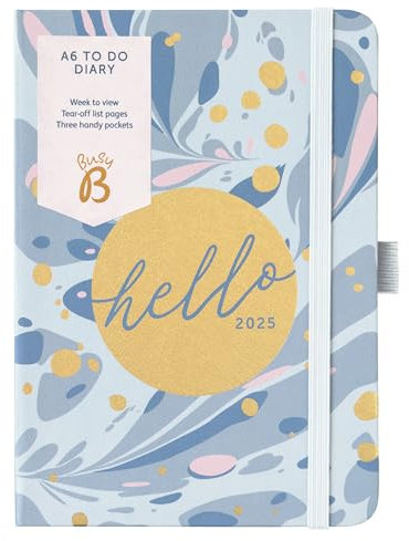 Busy B - A6 Wochenplaner 2025 Terminkalender 2025 mit To-Do-Listen & Notizseiten - Kompaktes Blauer Marmor Journal - Wochenansicht, 3 Steckfächer & Jahresplaner