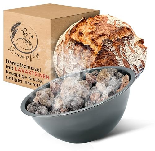 Dampfly Dampfschüssel Lavastein-Backofen-Set: Perfektes Brot backen mit Wasserdampf – Knuspriges Brot & Gebäck wie vom Profi Bäcker im Design Black Titanium runde Dampfschüssel