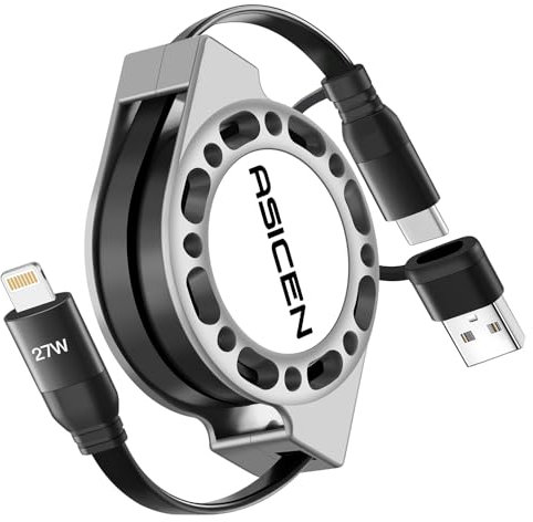 ASICEN Cavo Ricarica iPhone 27W, 1.2M Retrattile Cavo USB Lightning, 2 in 1 Cavo di Ricarica Rapida [Certificato MFI] USB A/Tipo C a Lightning per iPhone 14/13/12/11,iPad,AirPods-Black (Black)