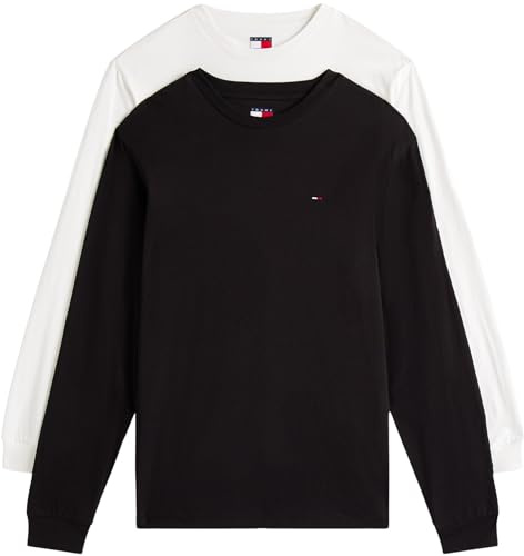 Tommy Jeans Men’s 2 Pack Round Neck Slim Long Sleeve Tops, Multicolor (Black/Ecru), S