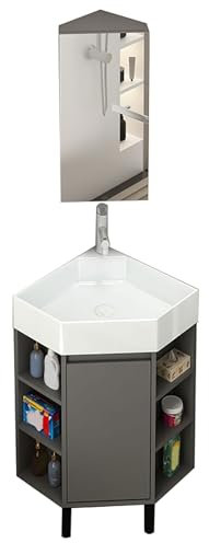 Eckwaschbecken mit Unterschrank, Eck-badezimmerschrank mit Waschbecken und Spiegelschrank, Aufsatzwaschbecken mit Wasserhahn Und Abfluss, für Zuhause, Küche(40cm/16in)