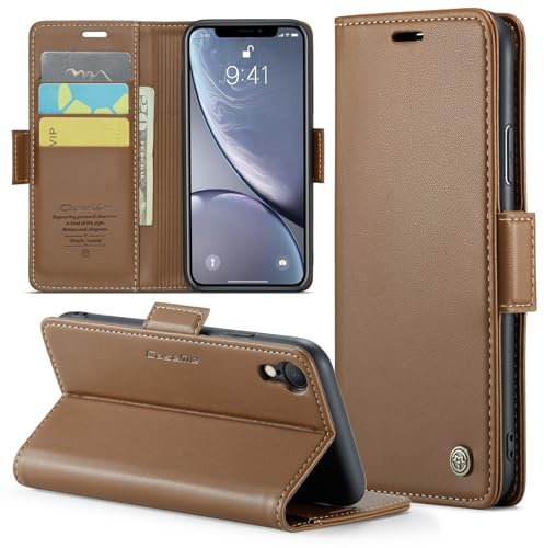 Rerzoiro Handyhülle für iPhone XR Hülle, Premium PU Lederhülle Klappbar Flip Case [RFID Blocker] Tasche Magnet Kartenfach Klapphülle Schutzhülle für Apple iPhone XR, Braun