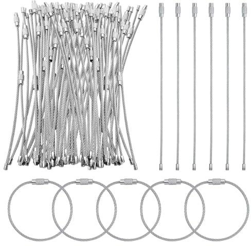 Kendwing 60 Piezas Anillas para Llaveros Inoxidable,Argollas para Llaveros de Alambre Cable con Tornillo Bloqueo,1.5mmx10cm Plateado Cadena Llavero para Colgar Artículos Al Aire Libre,Llaves
