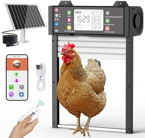 Richday Automatische Hühnerklappe Solar,LCD-Bildschirm wasserdichtem, Solarbetrieben hühnerklappe automatisch mit Lichtsensor, TUYA APP Fernsteuerung,Intelligenter Einklemmschutz Hühnerklappe