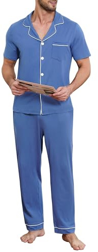 Lovasy Pigiama Uomo Cotone Set Lungo Pigiama Camicia con Bottoni sul Bavero Comodo Pantaloni Lunghi Traspiranti Pigiama da Casa Casual in Due Pezzi S-XXL
