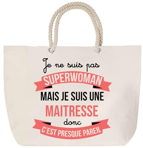 Sac de plage avec anse corde Maitresse Superwoman | Toile de Coton Cadeau Fin d'années Grand Sac de Transport & Sport Ecole