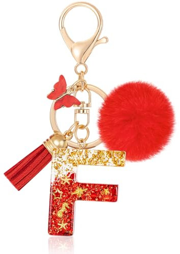 MWOOT Initiale Letter Keychains Porte Clé Lettre F,Alphabet Initial Keyring avec Papillon Pompon Pendentif,Rouge Feuille D'or Key Ring pour Femmes Portefeuilles Sac à Main Bagages Charme(F)