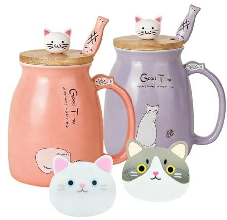 OPTVTAVITA 2 Pack Cat Mugs Cute Ceramic Coffee Cups Set of 2 with Kawaii Bamboo Lid and Spoon Novelty Morning Cup Coffee Milk Tea Mugs - 3D Animal cat Mugs for Cat Lovers Women Gifts (Red and Purple)