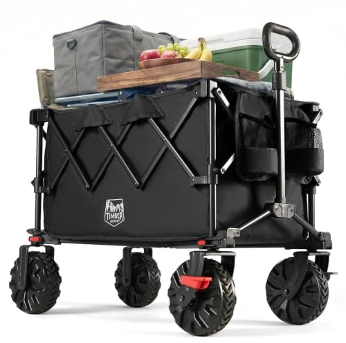 TIMBER RIDGE Bollerwagen Faltbar 250L Breite Reifen mit Bremsen Strandwagen | Handwagen Klappbar 150KG Belastbar mit Getränkehalter All Terrain Transportwagen für Camping Einkaufen Garten