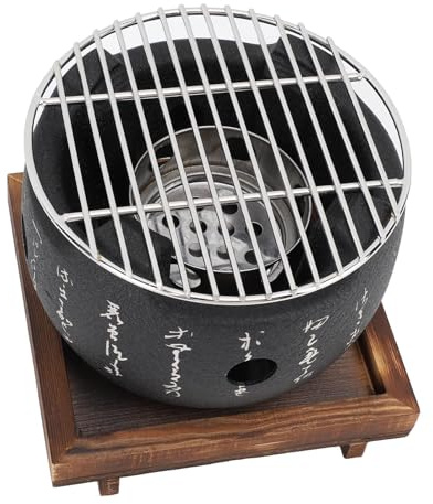 Portable BBQ Grill, Japanese Style Mini Charcoal Stove with Wire Mesh & Wooden Base for Robata, Yakitori, Takoyaki and BBQ (L)