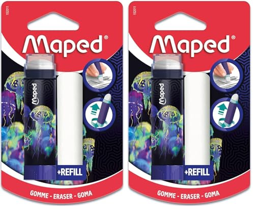 Maped - einziehbarer, geschützter und effektiver Radierstift DEEPSEA PARADISE + Nachfüller - Praktisches Drehsystem - PVC- und Phthalatfrei (Packung mit 2)