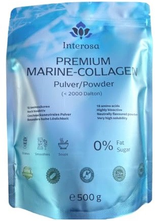 INTEROSA Collagen Pulver 500 g - Premium Marine Kollagen-(Fischkollagen) | Meeres Hydrolysat, hochreine Peptide, hervorragende Löslichkeit, TOP-Verträglichkeit, geeignet für Pescetarier-neutral