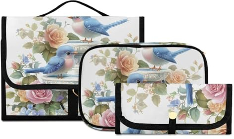 Toiletry Bag Hanging Travel Makeup Bag 3 PCS, Flower Blue Bird Fountain Portable Makeup Cosmetic Organizer Clear