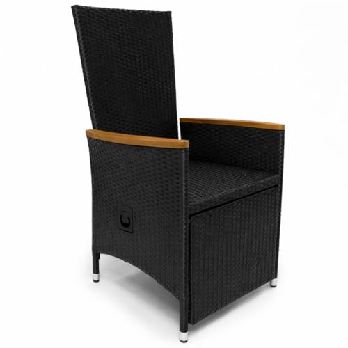 Casaria® Polyrattan Gartenstuhl 2er Set Neiglehner Fuß- & Rückenlehne verstellbar Armlehne Akazienholz Wetterfest Garten Balkon Terrasse Schwarz