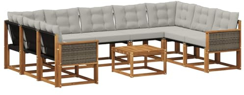 vidaXL Outdoor-Sofagarnitur mit Kissen 10 pcs Natur und Hellgrau, Moderne Gartenmöbel, Akazienholz-Sofa, Textilene-Rücken, strapazierfähige Sitzmöbel, Bequeme Liegeplätze