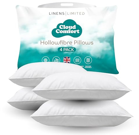 Linens Limited - Soft Pillows 4 Pack, Made in the UK, Cloud Comfort, Soft and Firm with Orthopedic Support, Non-Allergenic Polycotton Polyester Hollowfibre, Machine Washable (White)