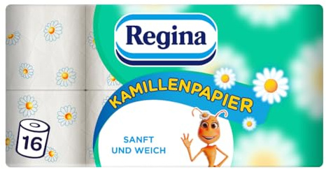 Regina Papier toilette 3 plis à la camomille – Lot de 16 rouleaux de papier toilette 150 feuilles par rouleau, doux et doux avec parfum de camomille et papier certifié FSC