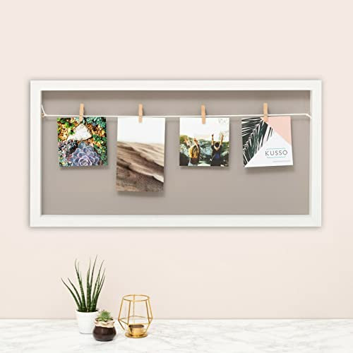 Kusso Grey and White Large Clothesline Picture Frame with Clips for Photos and Notes Wood 60x30 Centimetre. Perfect for Desk Bedroom Office Home. Personalise with your Best Memories.