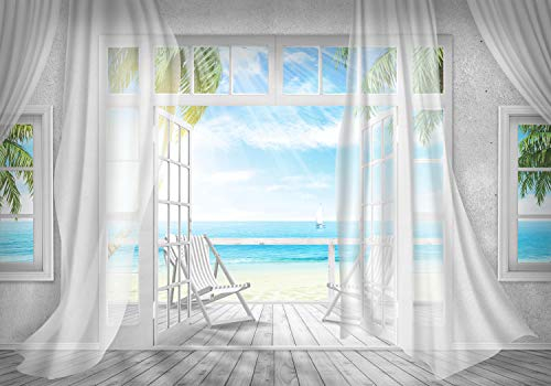 wandmotiv24 Fototapete Balkon Ausblick Meer Strand grau, XXL 400 x 280 cm - 8 Teile, Wanddeko, Wandbild, Wandtapete, Fenster, Palmen, Himmel, Holz M3870