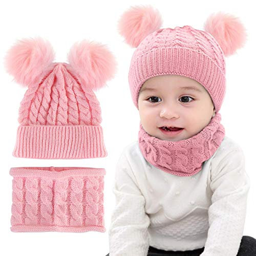 CheChury Baby Kinder Winter Warm Gestrickter Mütze Schal Sets Winterschal Warme Schlupfmütze Winter Hat Schlauchschal Set Slouchy 0-36 Monate,Rosa,OneSize