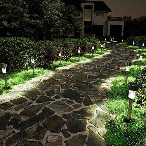 Solpex Solarleuchten für Garten, 16 Stück Solarlampen für den Außenbereich, LED-Licht, Landschafts-/Wegbeleuchtung für Terrasse, Rasen, Hof, Auffahrt, Gehweg (Edelstahl) Kaltweiß