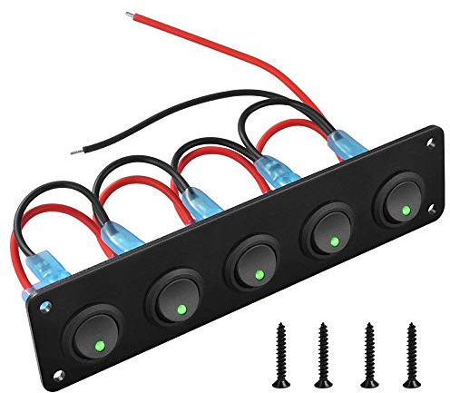 12V Pannello Interruttori Barca Interruttori a Pulsante LED Interruttori a Levetta Impermeabile, Pannello Interruttori a Bilanciere 5 Pulsanti, Pannello LED Verde + 4 vite, per Barca Yacht Marine