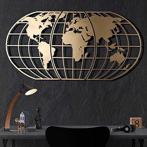 Tubibu Moderne Wandkunst, 100% Metall, metallische Weltkarten-Globe, Größe (60 x 120 cm) – Wandbehang für Wohnzimmer, Schlafzimmer, Wohnheim
