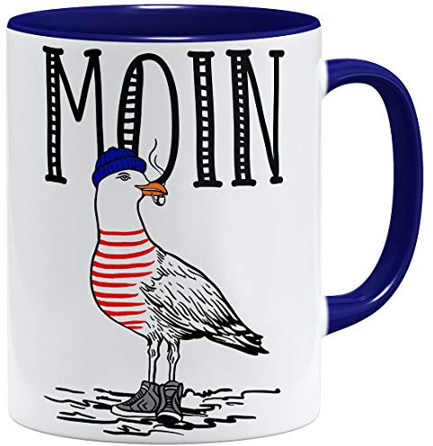 OM3® Seemöwe Moin Kaffee-Tasse mit Spruch - Guten Morgen Möwe II | Keramik Becher | 11oz 325ml | Beidseitig Bedruckt | Dunkelblau