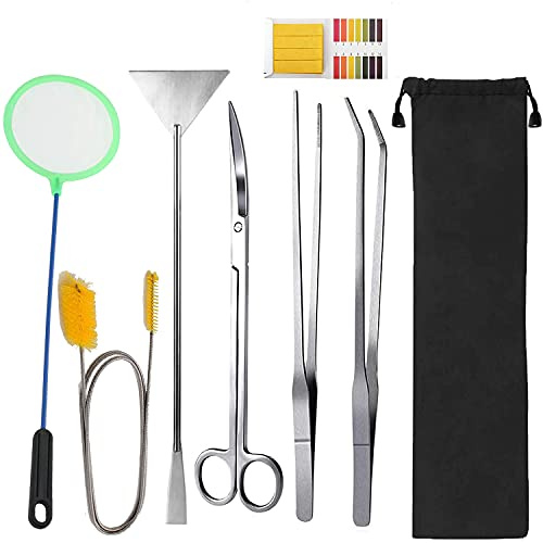 Lxiyu 7 in 1 Aquascape Tools Kits, Stainless Steel Aquarium Plant Tools with Straight & Curved Tweezers, Scissors, Spatula, Brush, Net, PH Paper, Modern Silver Style