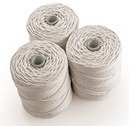 Cuerda de Macramé 4 mm 600 m (3 rollos de 200 m) 3 strand twisted - Cordón de Algodón Natural - Cuerda Tricapa de Algodón Fuerte, Tejido, Ganchillo, Bolsa, Cesta Colgante, Atrapasueños - natural