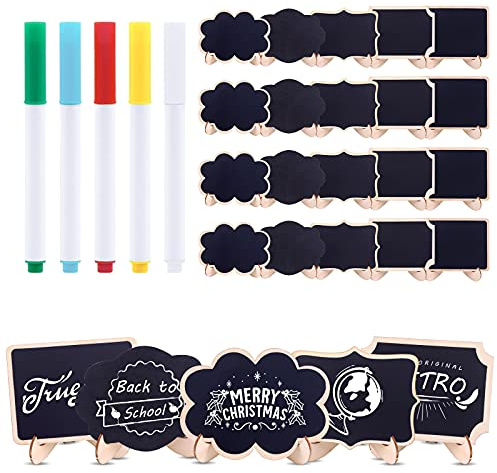 Rustark Lot de 30 mini tableaux noirs avec marqueurs à craie liquide de 5 couleurs, panneaux de tableau noir avec cadre en bois, panneaux de message, cartes de placement pour numéros de table,