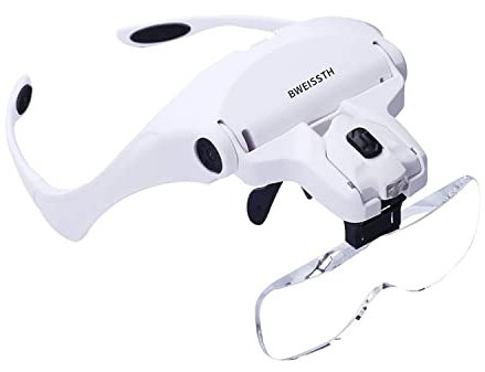 Head Mount Magnifier, Bweissth Lighted Magnifying Headband Glass Loupe Visor with 2 LED Light for Close Work, Watch Repair,Jewelry Work, Machine Repair, Arts & Crafts, Reading Aid