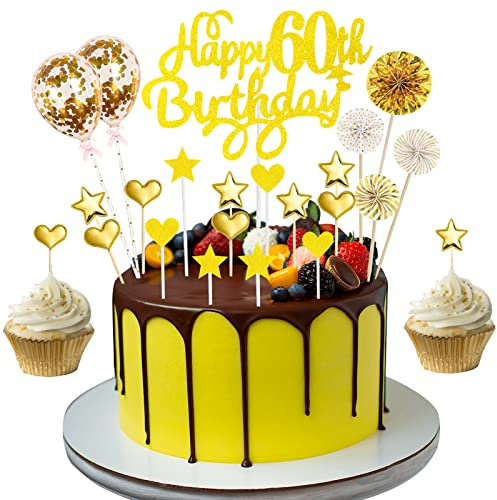 60th Birthday Cake Topper Gold, Glitter Happy 60th Birthday Cake Topper Kit with Star Heart Paper Fans Confetti Balloon, Cupcake Topper for Women Men 60th Birthday Anniversary Party Cake Decorations