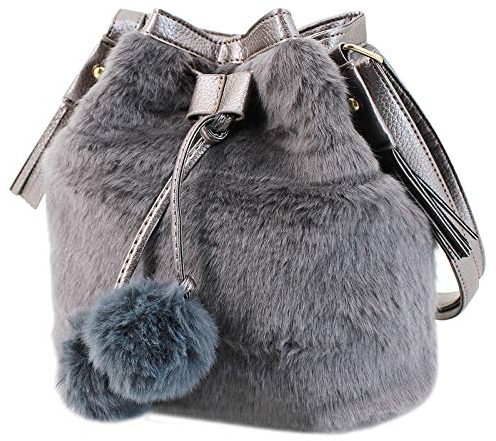 MEGAUK Damen Herbst Winter Bucket Bag Beuteltasche Kunstpelz Handtasche Flauschig Umhängetasche Plüsch Schultertasche mit Kordelzug Grau