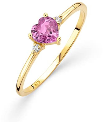 OROVI – Verlobungsring Damen aus 9 Ct Gelbgold (375) mit rosa Saphir in Herzschliff 0.48 Ct und 0.03 Ct Diamanten – Verlobungsring Edelstein & Brillanten – Hypoallergen & handgefertigt (Gr. 52)