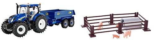 Britains New Holland T6 Tractor With Trailer Playset, Collectable Tractor Toy, & 1:32 Pig Pen Farm Playset, Collectable Farmyard Animal Toys, 43140A1