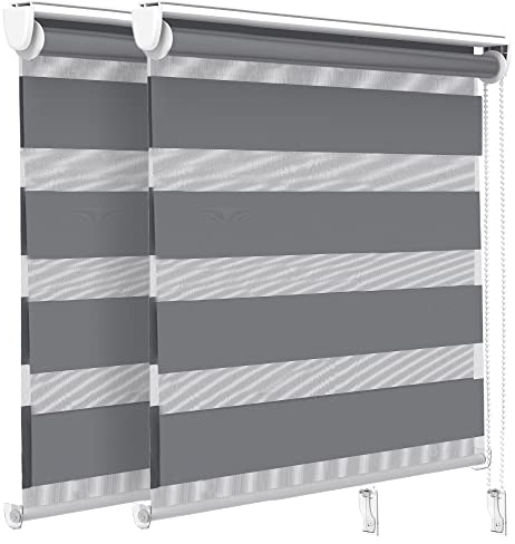VOUNOT® Set di 2 Tenda a Rullo Doppia Strato Oscurante Giorno e Notte, Catenella Laterale, Bande Trasparenti e Opache, Tenda Interno Zebra Blinds Grigio, 100 x 150 cm
