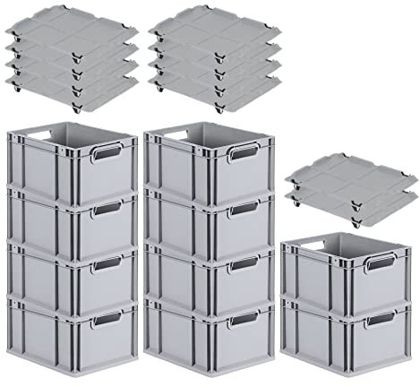 PROREGAL SparSet 10x Eurobox NextGen Grip mit Auflagedeckel & 4 schwarzen Schiebeschnappverschlüssen, HxBxT 22x30x40cm, 20 L, Grau, Griffe offen, Eurobehälter, Transportbox