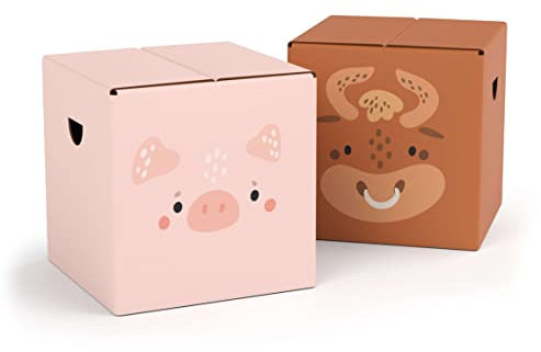 FOLDZILLA Kinderhocker Pappe 2er Set 29 x 29 x 29 cm – Papphocker Sitzhocker Falthocker Sitzwürfel Hocker Kinderzimmer – Niedlicher Stier & Schwein