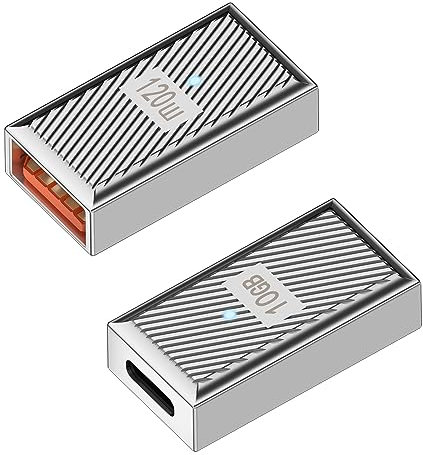 QIANRENON PD120W USB C hembra a USB 3.1 hembra OTG adaptador extensor 10Gbps tipo C Jack a USB 3.1 conector de datos de carga rápida, aleación ZN/luz LED, plateado, 2 piezas