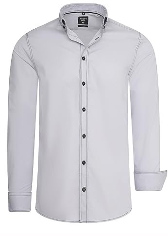 Rusty Neal Herren-Hemd Premium Slim Fit Langarm Stretch-Hemd mit Kontrast-Naht Freizeithemd 024, Farbe:Grau, Größe S-3XL:XL