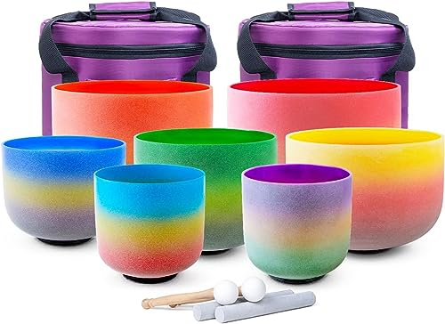 KVKA Kristall-Klangschalen Set, 7-12 inch 432Hz Regenbogen-Farben Quarz Chakra Sound Healing Klangschalen für Yoga Meditation Entspannung Stressabbau mit Tragetasche