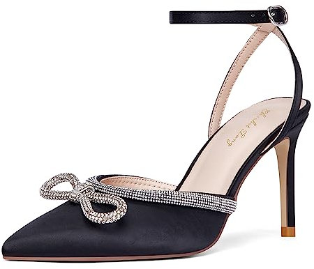 Zhabtuc Escarpins à Talons Hauts pour Femmes : Satin, Nœud en Strass, Sandales à Lacets, Bout Pointu, Bride de Cheville avec Boucle, Talon Aiguille, Satiné noir, 40 EU