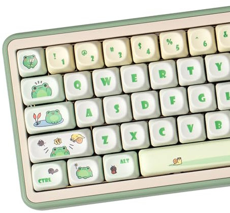 PBT Keycaps, Moa Profile Keycap, Cute Round Kawaii Keyboard Keycap, 141 Keys Green Frog Dye-Sublimation Keycap Set With Keycaps Puller for Mechanical Keyboard 60% 75% 100%
