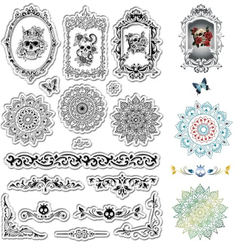 CRASPIRE Transparente Stempel mit Totenkopf-Motiv, Vintage-Bordüre, Mandala, Blume, Spitze, wiederverwendbar, Postmarken, transparent, Silikon, für Halloween, Journaling, Kartenherstellung,