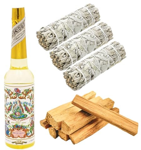 Aromasenses - 100 Gramos Palo Santo Sagrado De Perú + 1 Agua Florida 270 ml + 3 Atados Salvia Blanca - 100% Natural Ecologico - Limpiador de Energías (100 Gramos + 1 Florida + 3 Atados Salvia Blanca)