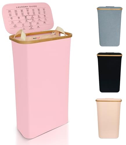 Nest Zest 60L Slim Laundry Basket with Lid, Washing Basket for Laundry, Hamper style Linen Bin with Care Guide & Removable Inner Bag, Dirty Clothes Bin with Sturdy Bamboo Rim and Oxford Fabric (Pink)