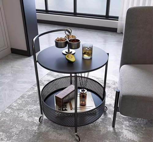 Usknxiu Runder Barwagen für zu Hause, Servierwagen mit Rädern, Schieferverkleidung, 2-stöckiger Rollwagen, Kleiner Couchtisch, moderner Barwagen aus schwarzem Metall
