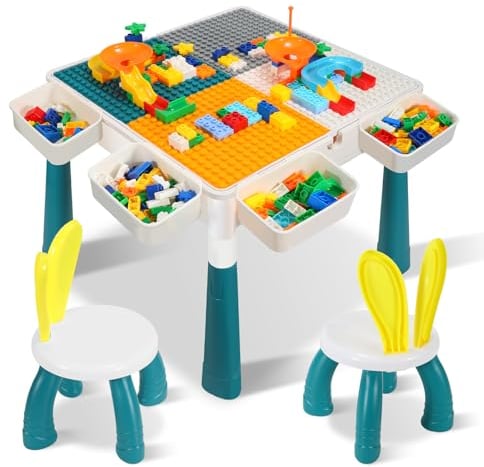 Izrielar Kindertisch mit 2 Stühle Spieltisch mit 251 Stück Bausteine, Höhenverstellbarer Multifunktionaler Aktivitätstisch Bausteine Set
