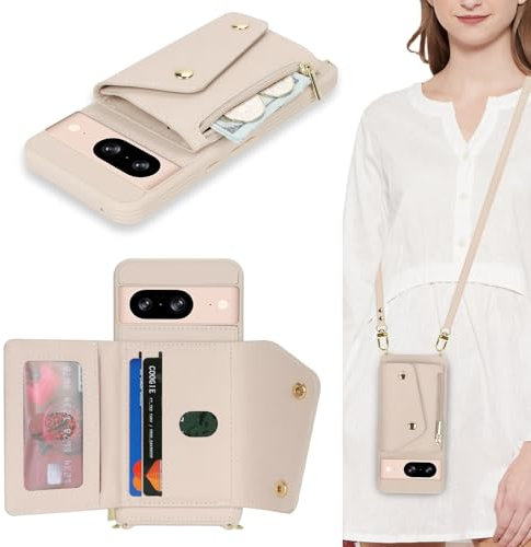 Lipvina Hülle für Google Pixel 8 Hülle mit Band Kartenhalter handyhülle Hülle für Google Pixel 8 mit Reißverschluss Band Ring Ständer Case für Frauen - weiß